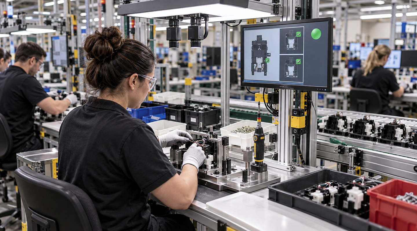 An operator completing an assembly at a guided workstation while overhead cameras verify components and display a pass result.
